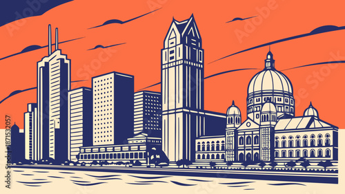 Detroit skyline inspiration features a stylish portrayal of cityscape with skyscrapers, domes, and water, reminiscent of chicagos urban allure. Ideal for marketing materials.