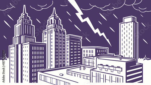 Detroit skyline dramatic lightning illuminates city skyline stormy night powerful depiction. Suitable for cityscape websites, weatherrelated articles, and dramatic graphic design projects.