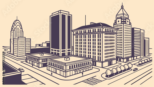 Detroit skyline cityscape with tall buildings and iconic architecture for urban projects, brochures, city guides, and travel websites.