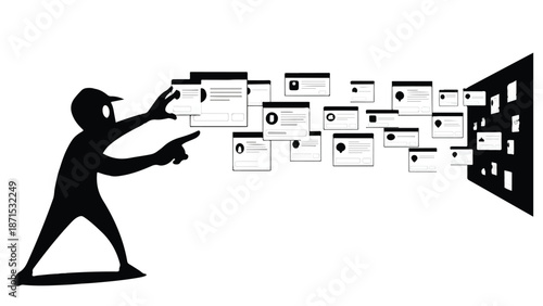 Silhouette of hacker stealing data from computer server room with multiple screens and documents flying out, illustrating cybercrime and data breach concept
