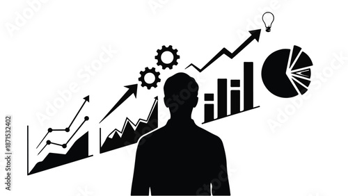 Businessman silhouette analyzing financial charts and graphs with gears and lightbulb, representing data analysis and innovation in a modern corporate setting