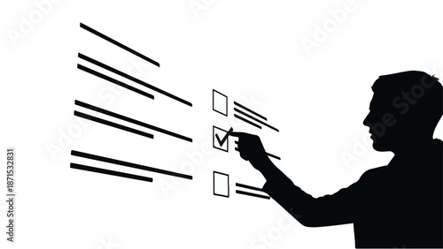 Silhouette of person checking mark on checklist with flying lines, symbolizing task completion and efficiency in modern business and productivity concepts