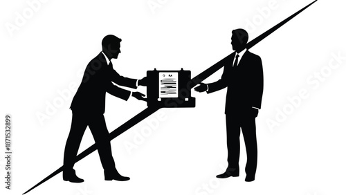 Two businessmen in suits pulling rope attached to briefcase in black silhouette on white background, teamwork concept for business partnership and cooperation