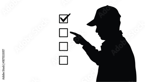 Silhouette of man in cap pointing at checkbox list on white background, symbolizing task completion, success, and decision-making in business and daily life