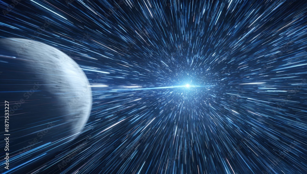 Obraz premium Hyperspace travel view past a gray planet towards a bright blue star