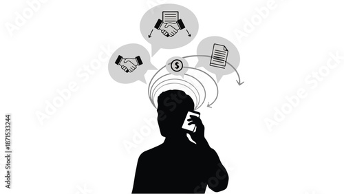 Businessman entrepreneur thinking about mobile phone technology devices and online communication for work and marketing strategy