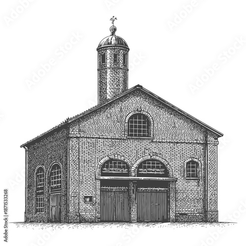 A Brick Building With A Central Tower And Large Doors