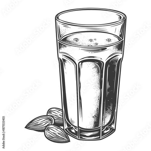 A glass of almond milk with almonds nearby
