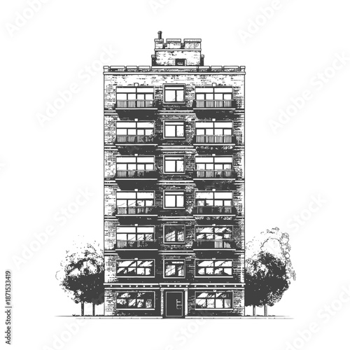 A Multi Story Brick Apartment Building With Trees