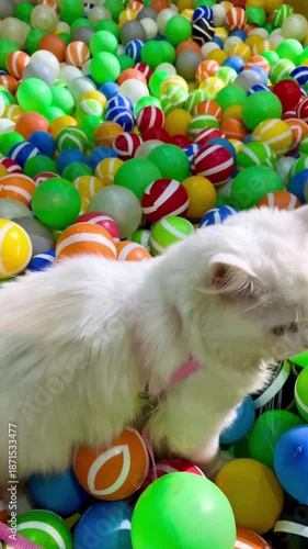 Playful White Persian Cat and Person in Colorful Indoor Ball Pit