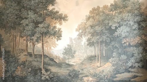 Wall painting depicting a serene landscape with trees. Design for wallpaper, photo wallpaper, frescoes, wall painting and other works.