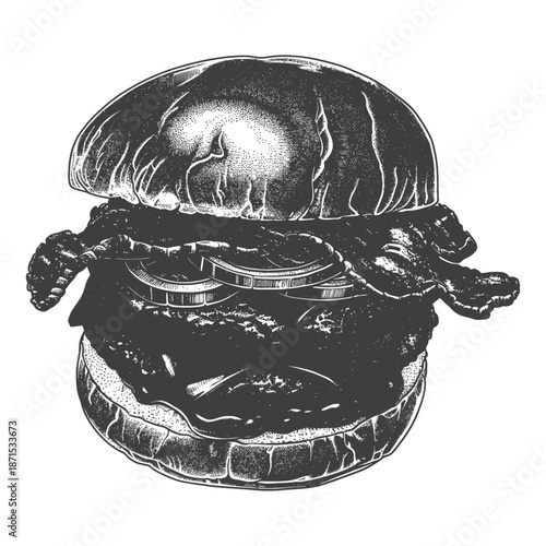 A detailed illustration of a delicious bacon burger