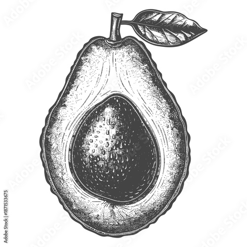 An avocado cut open revealing the seed and leaf