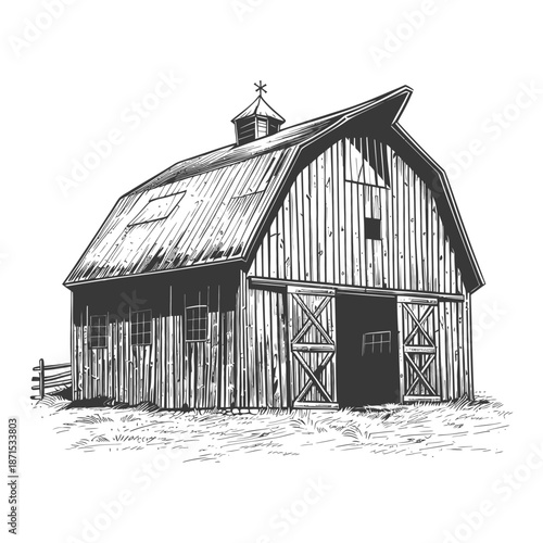 A rural vintage barn with sliding doors and windows