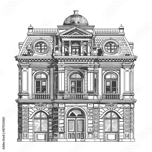 A detailed illustration of a classical mansion building