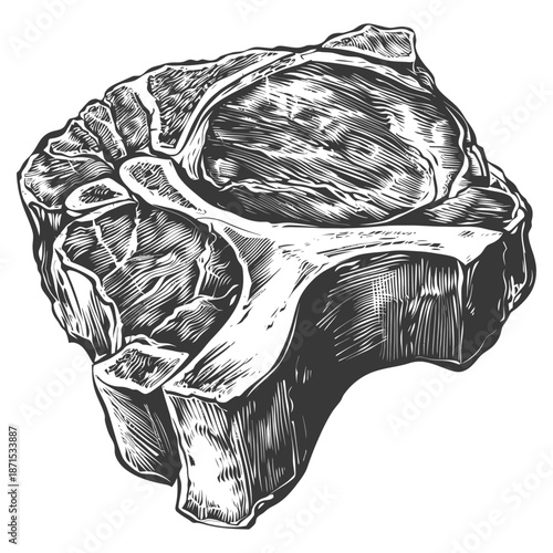 A detailed grayscale drawing of a large raw steak portion