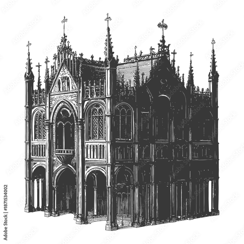 Fototapeta premium Gothic Architecture Church Building Detailed Drawing