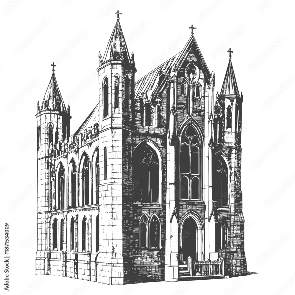 Fototapeta premium Gothic Style Church Architectural Drawing Illustration