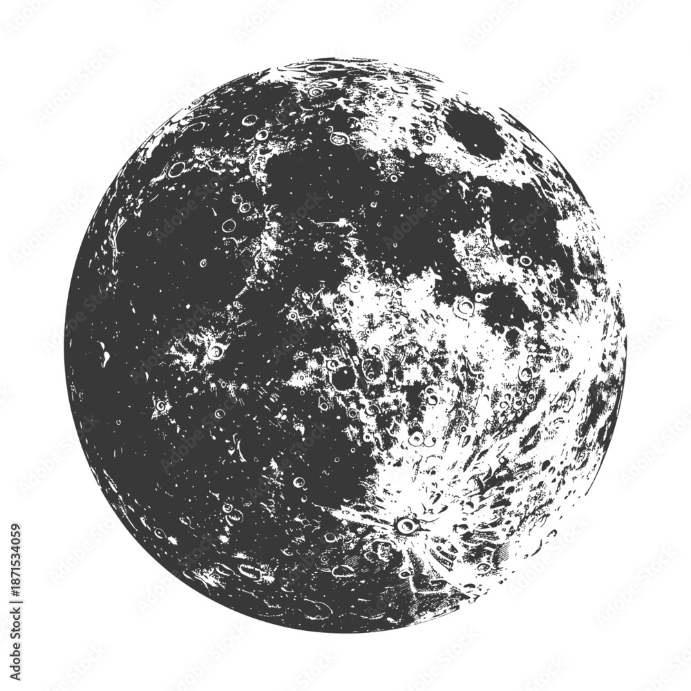 Naklejka premium Detailed Monochrome Illustration Of The Moons Surface