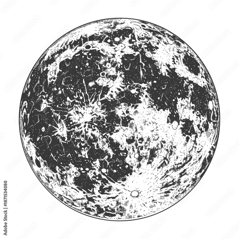 Naklejka premium Detailed Ink Drawing of the Moons Surface