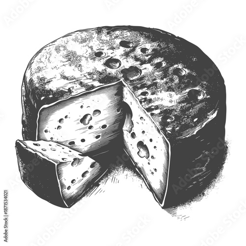 A wheel of cheese sliced into wedges showing its texture and holes