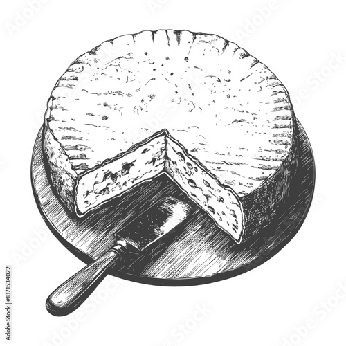 Round Cheese Wheel on Wooden Board with Cheese Knife