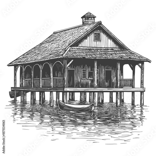 A Lakeside Wooden House With A Small Boat