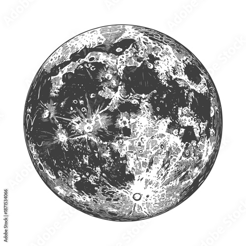 Detailed Engraving of the Moons Surface Showing Craters