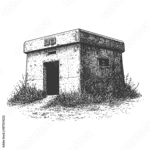 A Concrete Blockhouse Amidst Overgrown Grass