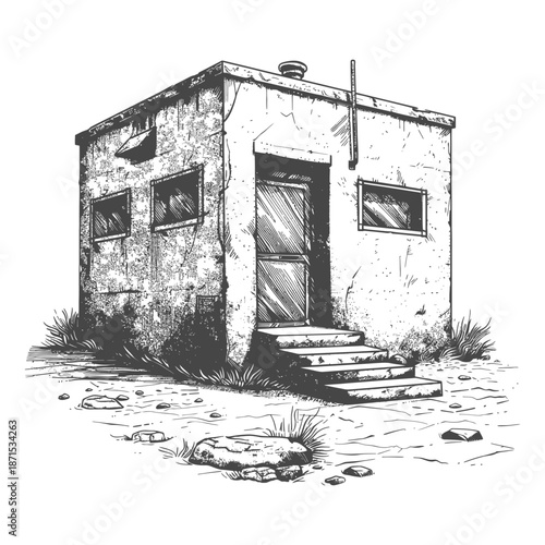 Weathered Concrete Building with Steps and Grass