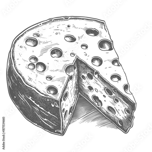 A wheel of cheese with a slice removed showing holes