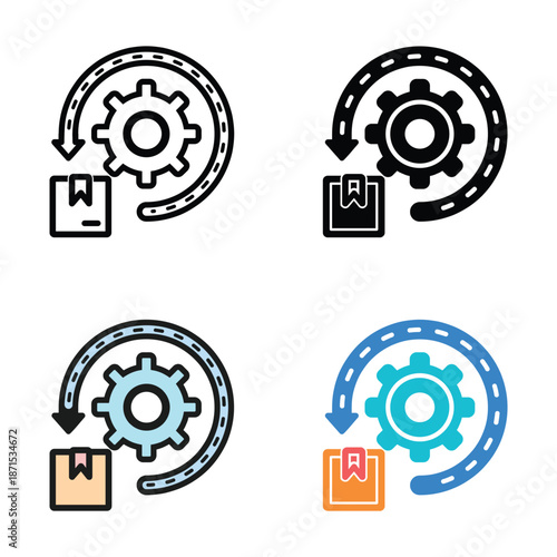 Vector illustration set of a gear settings icon with bookmark and circular arrows in multiple color styles. Concept of bookmark management, sync, update, configuration, and digital content control.