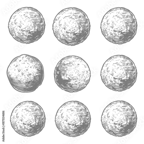 Nine Detailed Engravings of a Cratered Moon Surface
