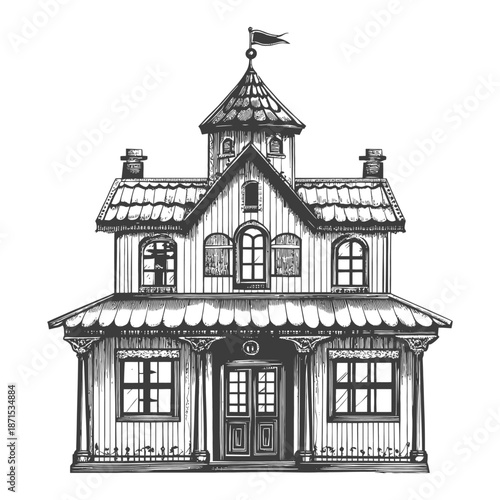 Elegant Wooden House with Steep Roof and Flag