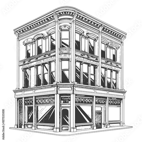 Elegant Corner Building Architectural Sketch Drawing
