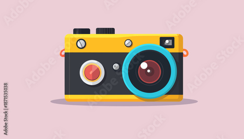 Cartoon Camera Illustration in Retro Style on Light Pink Background