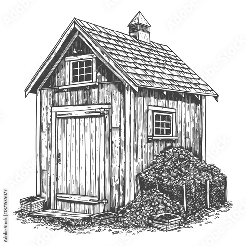 Rustic Wooden Storage Shed With Harvested Produce