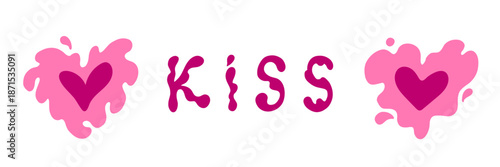 Romantic image showing the word Kiss flanked by pink heart splashes on a white background, conveying love warmth friendship and celebration for cards ads and social campaigns