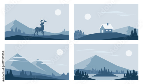Minimalistic winter landscapes in Nordic style. Vector illustrations of abstract nature in blue colors
