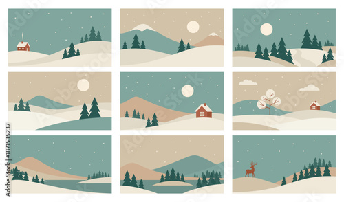 Set of minimalistic winter mountains landscape. Vector abstract nature in Scandinavian style