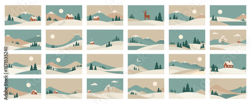 Minimalistic winter landscape set in Scandinavian style. Vector illustrations of abstract nature