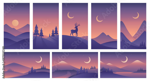 Minimalistic landscape illustrations in purple colors. Vector gradient images of abstract nature