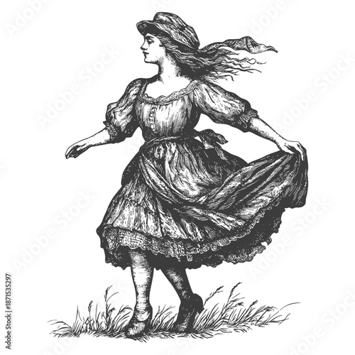 A Young Woman Walks Through Tall Grass Wearing a Dress and Cap