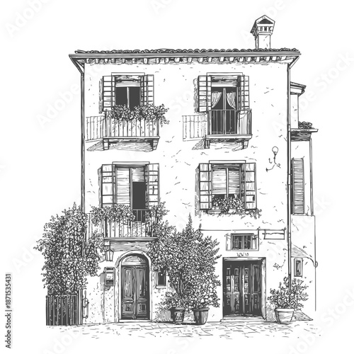 Charming Italian Building Architectural Sketch Drawing