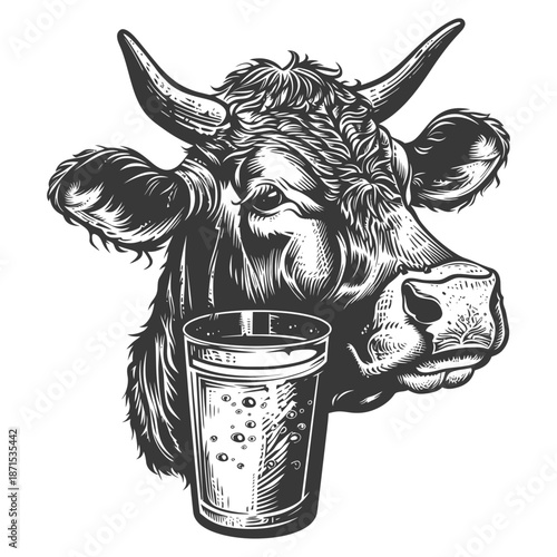 Cow Head with a Glass of Bubbly Drink