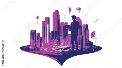 Businessman Standing on Book with Cityscape.