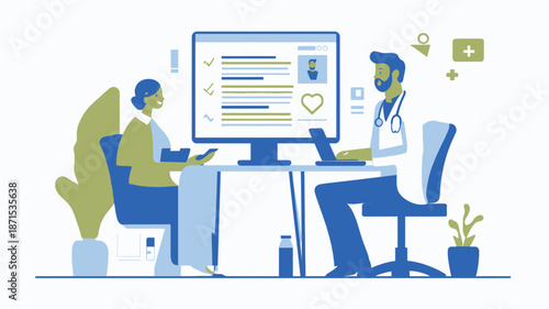 Doctor and Patient Using Computer Together.