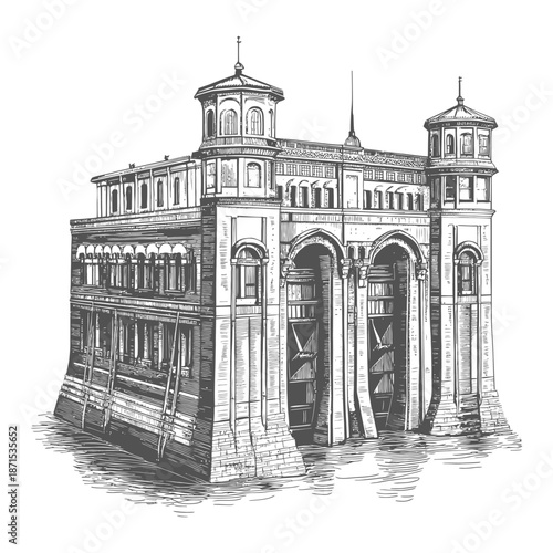 An Architectural Drawing Of A Grand Watergate Structure