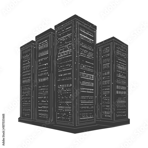 Stylized illustration of a citys nighttime skyscraper complex