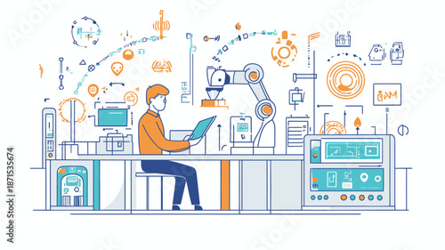 Engineer Working on Tablet in Factory Setting.